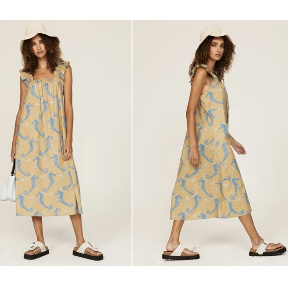 Samsoe Samsoe Gill Midi Dress M Aqua Seahorse Ruffles Sleeveless Yellow Blue - Picture 1 of 13